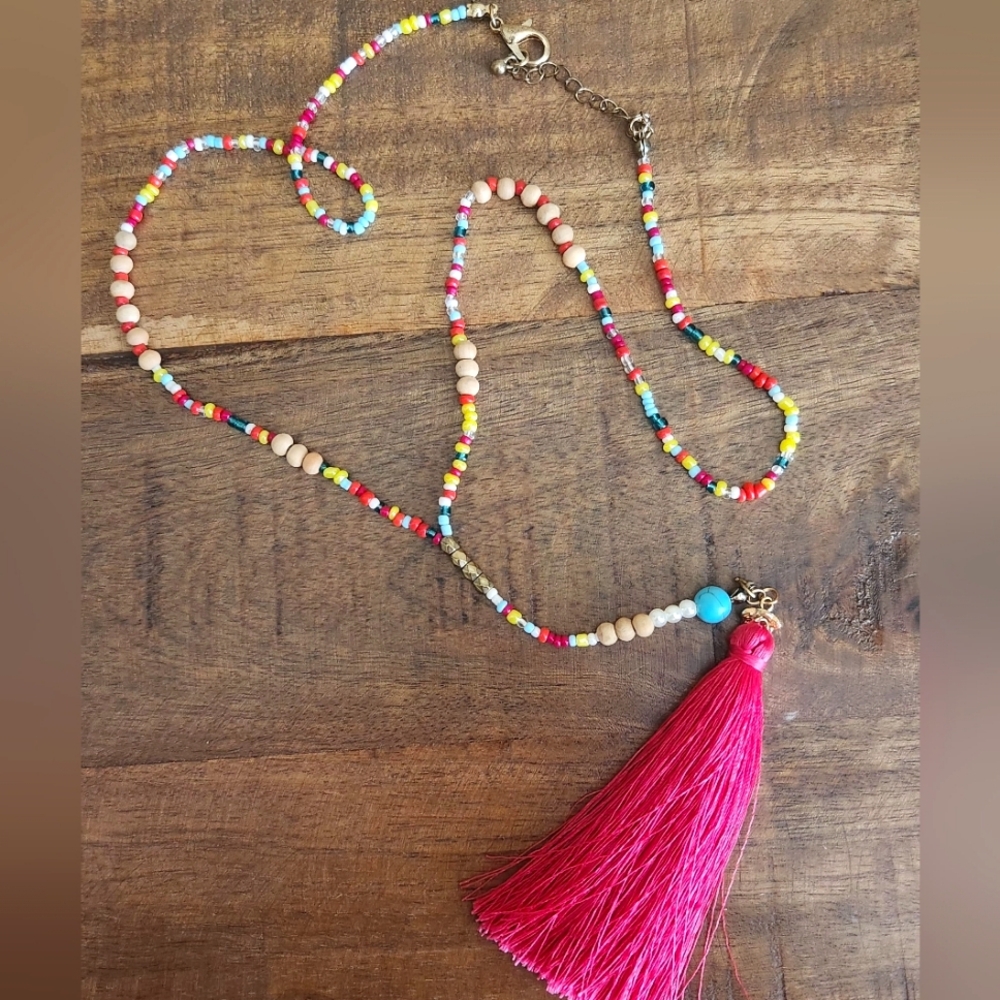 Colorful Beaded Necklace with Pink Tassel